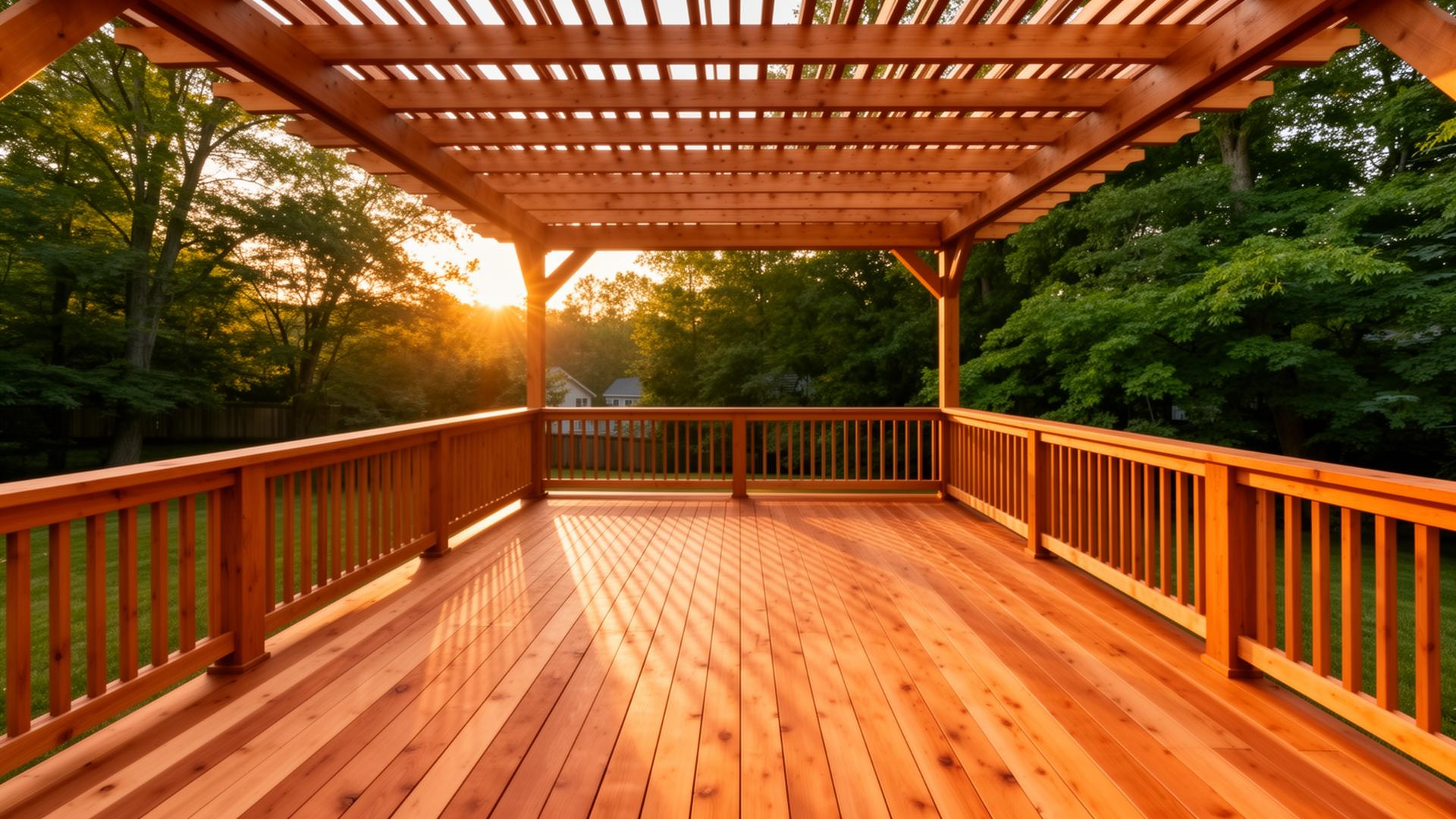 Custom cedar deck at golden hour built by JSA Construction
